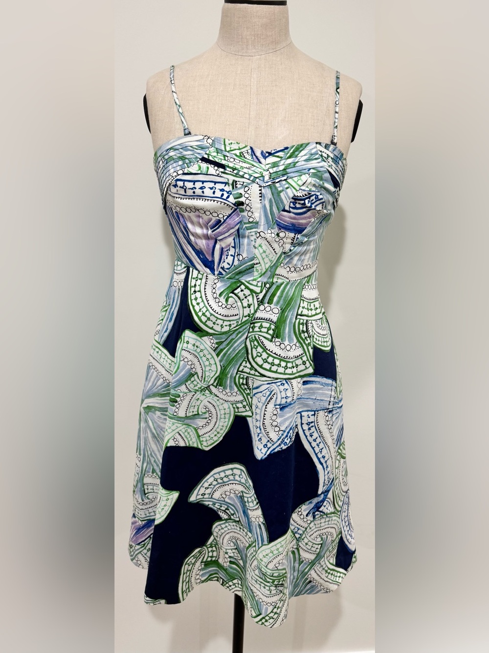 Moulinette Soeurs Navy Blue, Green & White Print Midi Dress